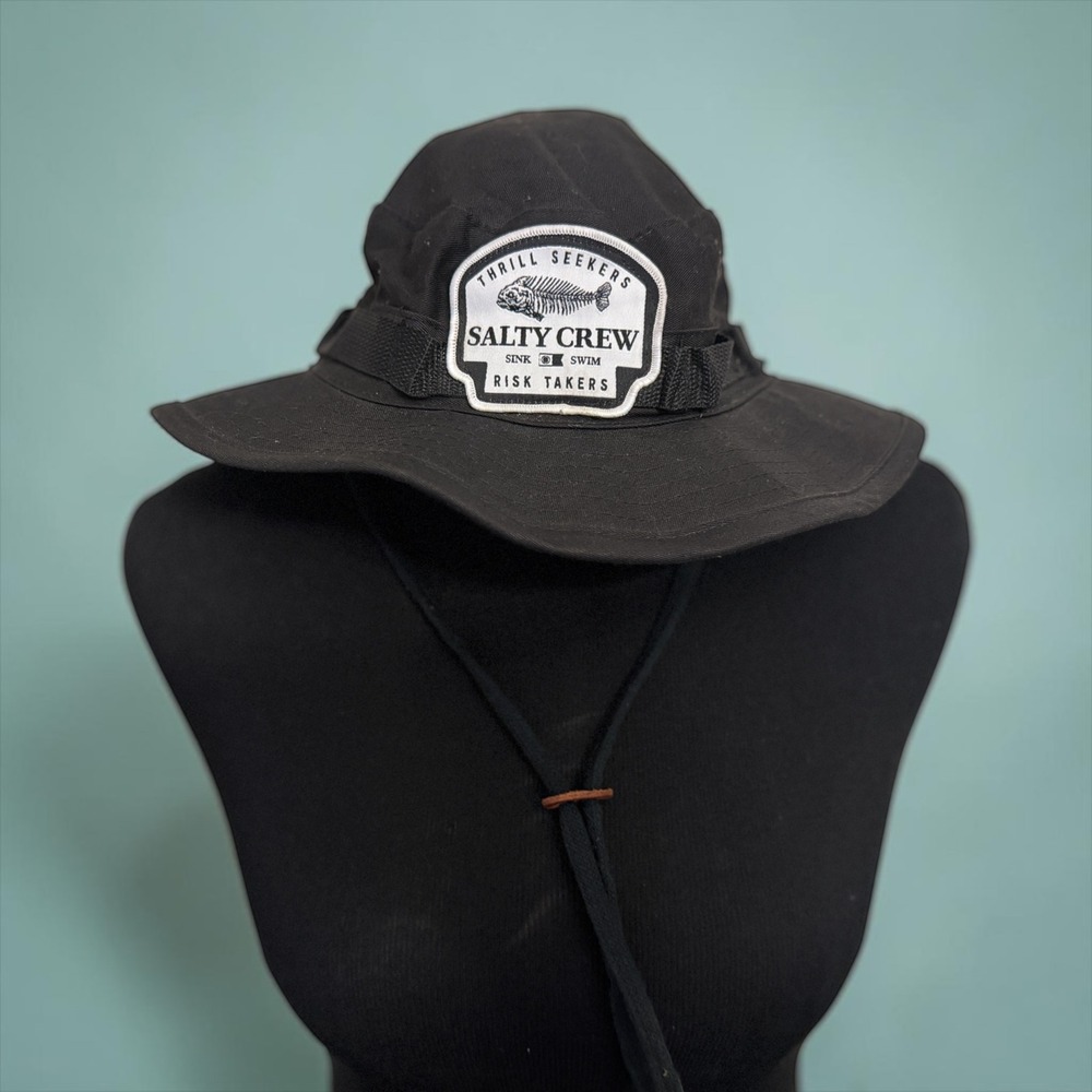 Salty Crew Mens Black Boonie Sun Hat Fish Skeleton Patch Adjustable Size 7.5